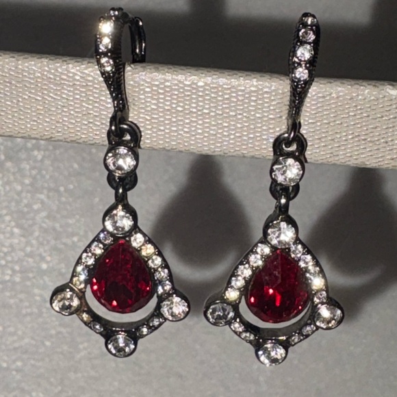 Givenchy Designer Costume Crystal Ruby Dangle Earrings in Blackened Metal - Picture 7 of 8